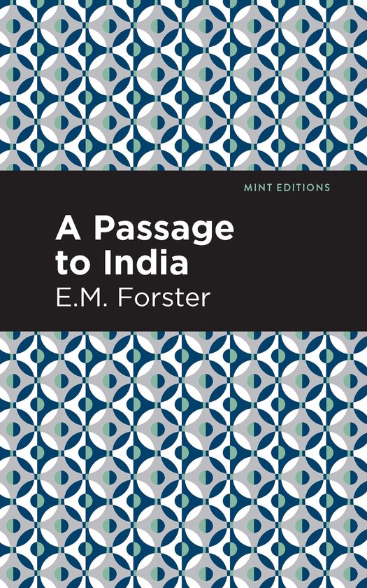 Boekcover van 'A Passage to India' door E.M. Forster met een repetitief geometrisch patroon van blauwe, grijze en witte cirkels.