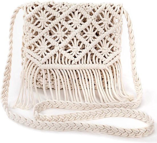 Boho crossbody tas - Beige/creme - Bohemian Bali schoudertas - Handgemaakte, katoen gevlochten tas - Ibiza handtas met kwastjes - Crossbodytas met ritssluiting