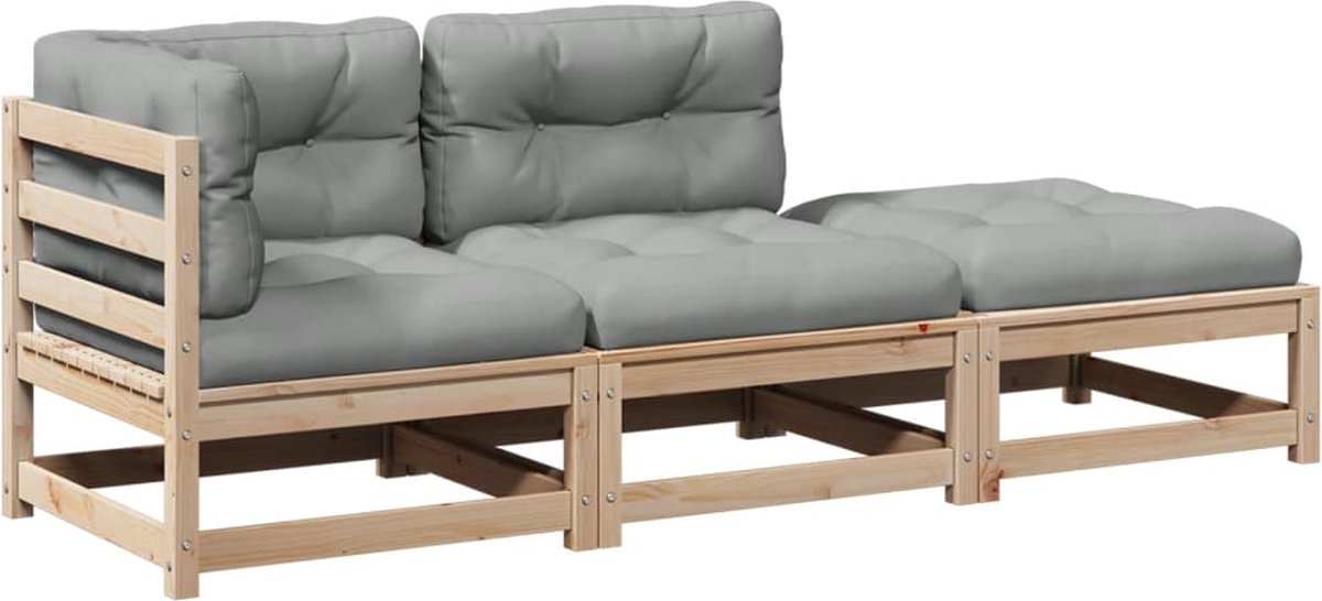 vidaXL 3-delige - Loungeset - met - kussens - massief - grenenhout grijs