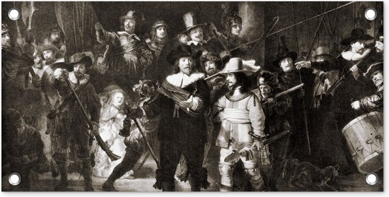 Tuinposter De Nachtwacht in zwart-wit - Rembrandt van Rijn - 60x30 cm - Tuindoek - Buitenposter