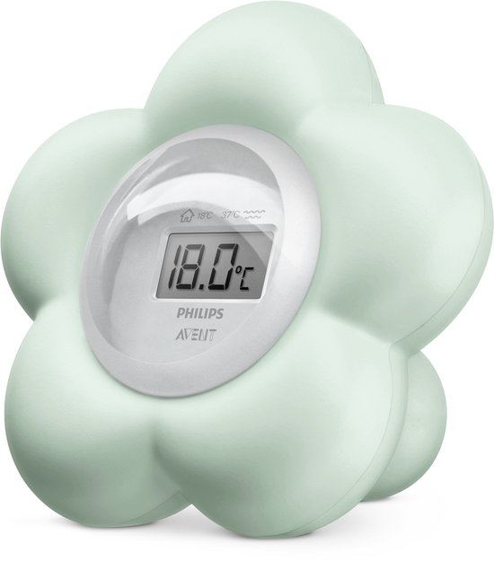 Philips Avent digitale bad- en babykamerthermometer in lichtgroene bloemvorm met display.