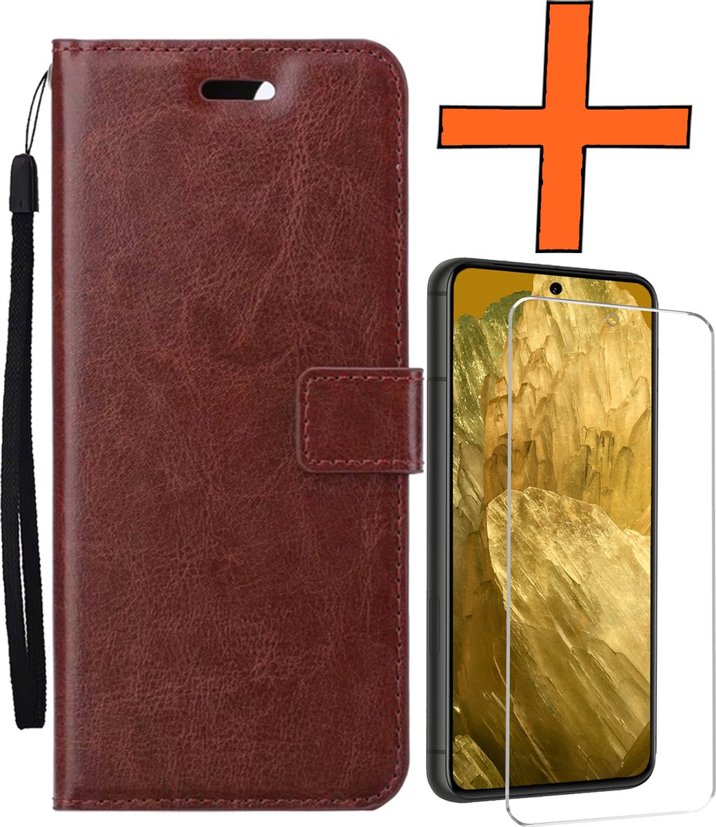 Hoes - Met Screenprotector - Geschikt voor Google Pixel 8a - Luxe Pasjeshouder - Bookcase Portemonee - Flip Case - Kunstleer Book Case - Flipcase - Book Cover - Walletcase - PortemonneeHoes - Bruin