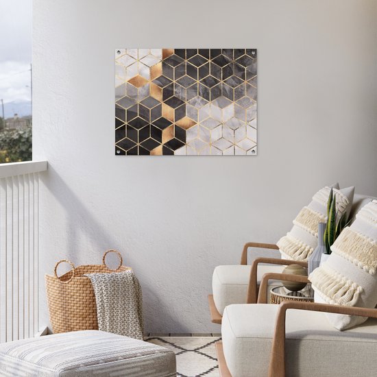 Tableau jardin Abstrait - Cube - Goud - Motifs - Zwart - Wit - 80x60 cm - Affiche jardin - Toile jardin - Affiche extérieur