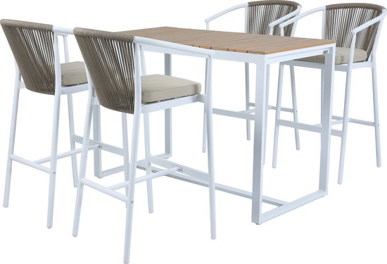 AXI Ravi Barset met 4 barkrukken Wit met Teak-look Polywood – Gepoedercoat aluminium frame – Barkruk met kaki kussen en rugleuning van Olefin touwen - Polywood tafelblad