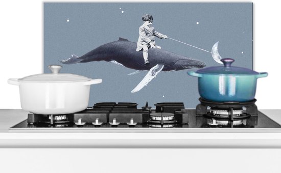 Spatscherm keuken - Kind - Maan - Walvis - Sterrenhemel - Retro - Spatwand - Keuken - 70x30 cm - Achterwand keuken