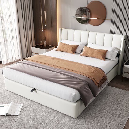 Sweiko Binaural LED stoffering bed 140 x 200 cm, hydraulisch bed, oplaadbare USB poort in bed, met LED verlichting, met opbergruimte, verstelbaar hoofdeinde, PU, wit