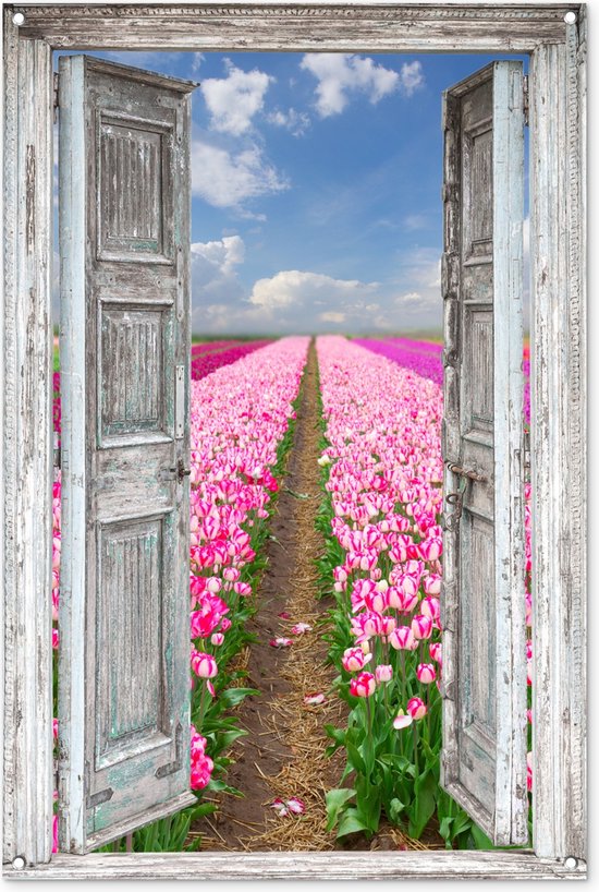 Tuinposter - Tulpen - Doorkijk - Bloemen - Schuttingdoek - 80x120 cm - Tuinposter doorkijk - Tuindecoratie - Tuindoek - Buitenposter