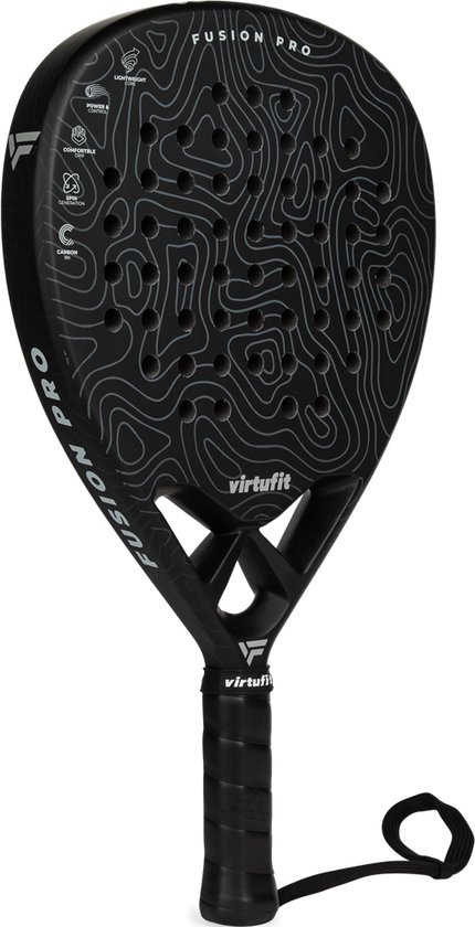 Foto: Virtufit fusion pro padel racket zwart grijs inclusief polskoord padelracket paddle geschikt voor gevorderde spelers druppelvormig blad met harde kern van eva foam lichtgewicht ergonomisch handvat carbon blad