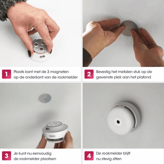 Stapsgewijze installatie van een magnetische rookmelderbevestiging op een plafond.