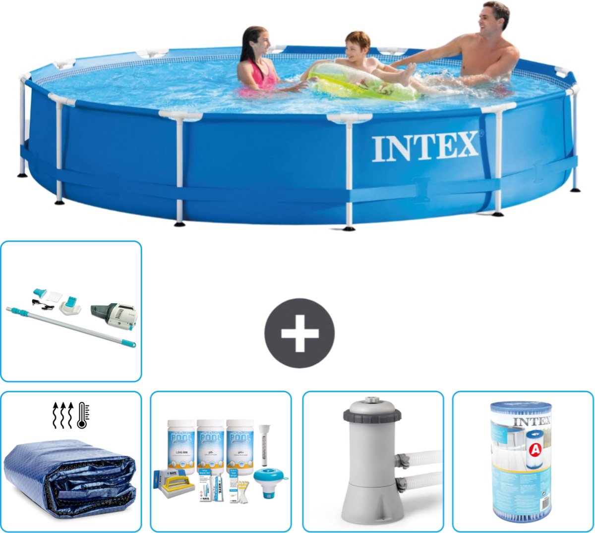 Intex Rond Frame Zwembad - 366 x 76 cm - Blauw - Inclusief Solarzeil - Onderhoudspakket - Zwembadfilterpomp - Filter - Stofzuiger