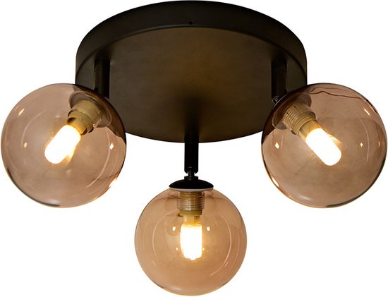 Olucia Amer - Moderne Badkamer plafondlamp - 3L - Aluminium/Glas - Amber;Zwart - Rond - 27 cm