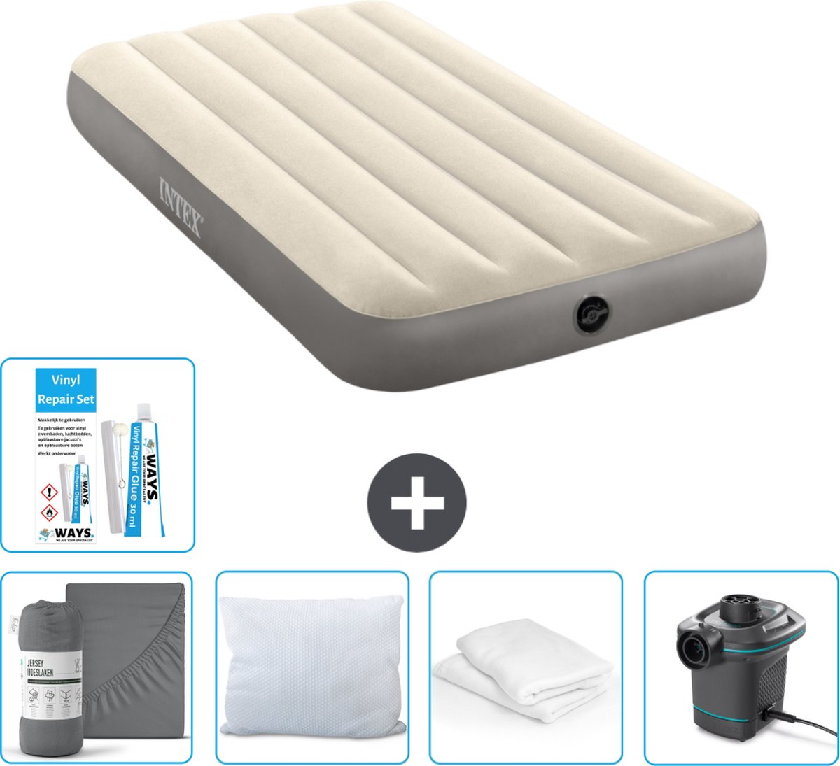 Intex Luchtbed - 1-Persoons - 99 x 191 x 25 cm - Beige - Inclusief Hoeslaken - Kussen - Pomp - Reparatieset en Kussenbeschermer