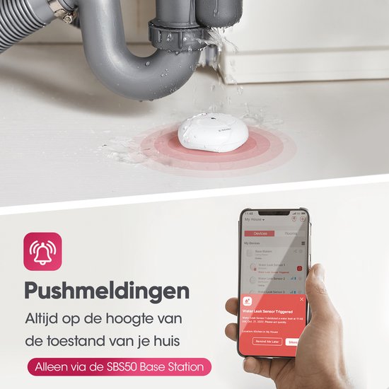 Witte watermelder onder een lekkende gootsteen, naast een smartphone met "Pushmeldingen" en "Alleen via SBS50 Base Station".
