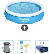 Piscine Opblaasbaar ronde Bestway à Set Fast - 305 x 66 cm - Blauw - Pompe incluse - Bandelettes de test - Couverture solaire