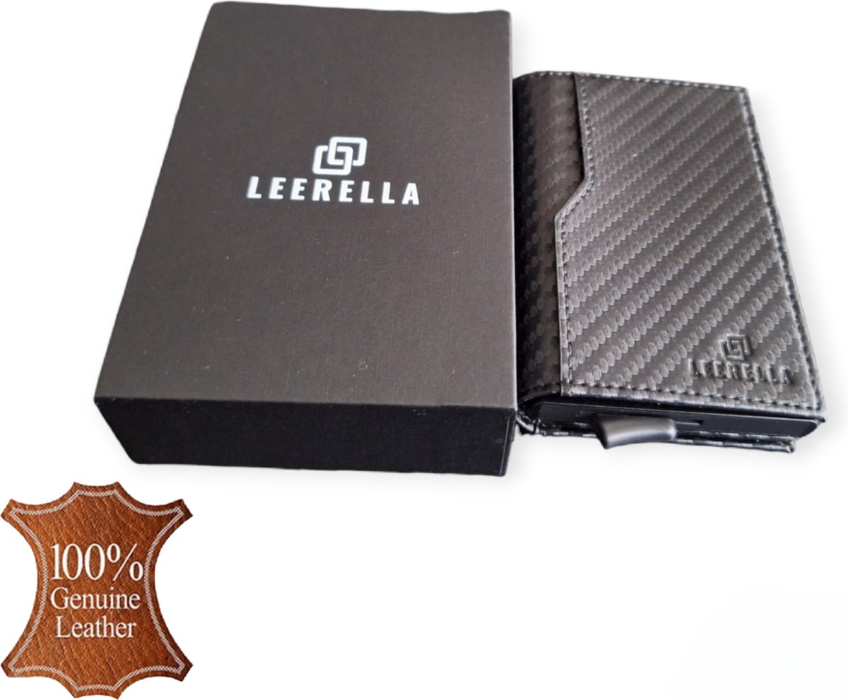Leerella Pasjeshouder Uitschuifbaar Carbonblack - Kaarthouder - Creditcardhouder - Echt Leer – 10 tot 11 Pasjes - RFID Creditcardhouder - Inclusief met luxe Cadeaubox - Valentijnsdag - Verjaardag - Cadeautjes