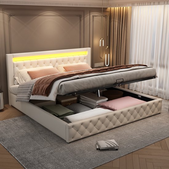 Sweiko Gestoffeerd bed, 180 x 200 cm bed, met Flat noedelsframe en opbergruimte, LED verlichting, met opbergfunctie, wit, PU materiaal