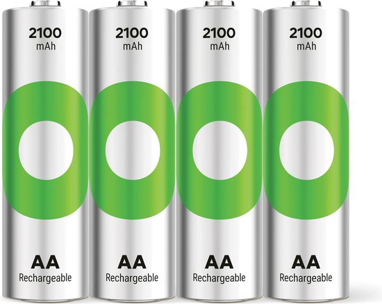 Vier zilverkleurige AA oplaadbare batterijen met grote groene cirkels en het opschrift '2100 mAh'.
