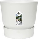 Witte Elho bloempot met waterreservoir, gemaakt van gerecycled plastic.