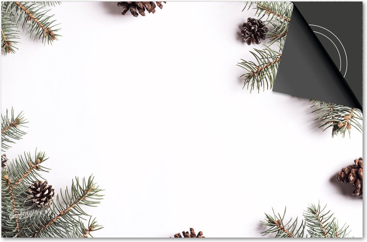 Inductie beschermer 78x52 - afdekplaat inductie mat - Dietrix Kookplaat beschermer - DELUXE - Feestdagen - Kerst takken denneappels op wit