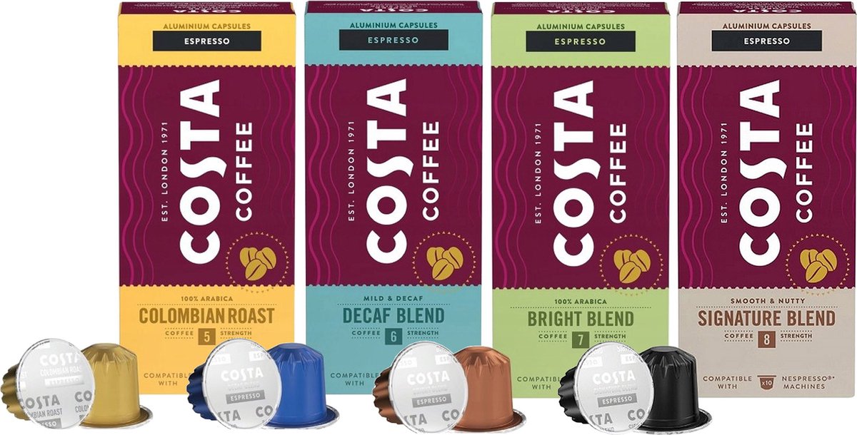 40 capsules COSTA Coffee ESPRESSO - Colombian Roast, Decaf Blend, Bright Blend, Signature Blend