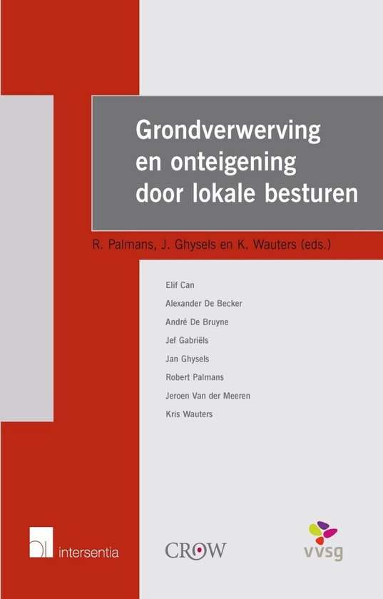 Boek 'Grondverwerving en onteigening door lokale besturen' met rode en grijze accenten en namen van redacteuren.