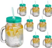 Relaxdays drinkglazen met rietje - set van 8 - mason jar - limonadeglazen - groen deksel