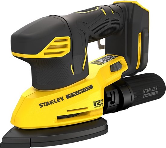 Gele en zwarte detail schuurmachine, met de "STANLEY FATMAX V20 LITHIUM ION" aanduiding.