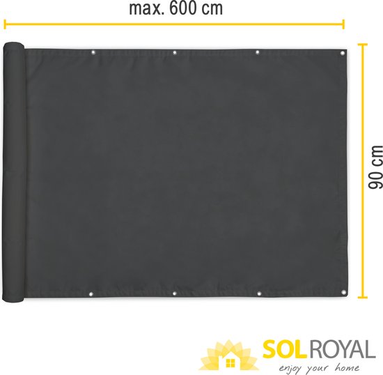 Donkergrijs, opgerold balkonscherm van 600 cm breed en 90 cm hoog. SOL ROYAL logo.