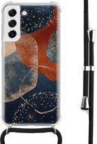 Hoesje met koord geschikt voor Samsung Galaxy S21 FE - Abstract terracotta - Inclusief zwart koord - Crossbody beschermhoes - Transparant, Blauw - Mooie Telefoonhoesjes