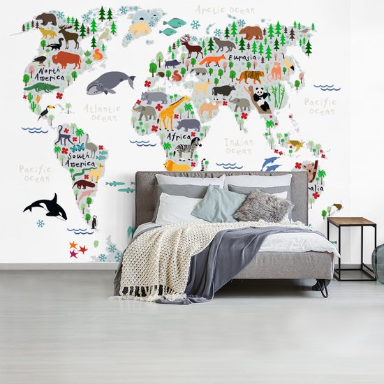 Papier peint - Papiers Papier peint photo Wereldkaart - Enfants - Animaux - Plantes - Largeur 375 cm x Hauteur 280 cm
