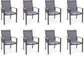 NATERIAL - Set de 8 chaises de jardin DORA avec accoudoirs - 8 x chaises de jardin - Empilables - Plastique recyclé - Aluminium - Bois d'eucalyptus - Gris foncé