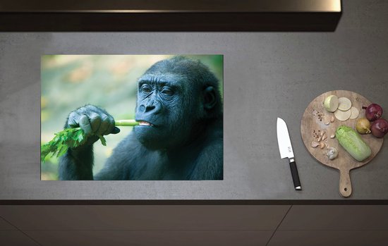 Inductieplaat Beschermer - Jonge Gorilla van Dichtbij - 70x52 cm - 2 mm Dik - Inductie Beschermer van Vinyl
