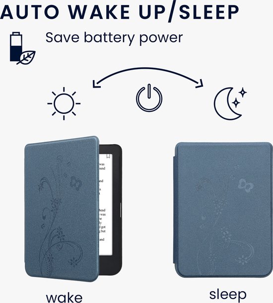 kwmobile e-reader hoesje geschikt voor Kobo Clara 2E hoes - E reader flip case met magnetische sluiting - Ereader cover - Stengels en Vlinder design in donkerblauw van Merkloos — afbeelding 4