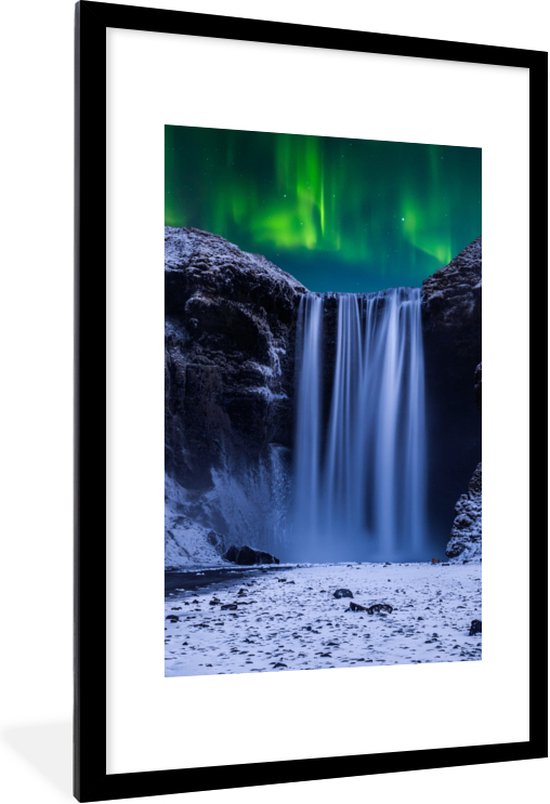 Fotolijst incl. Poster - Noorderlicht - Waterval - Sneeuw - IJsland - 80x120 cm - Posterlijst