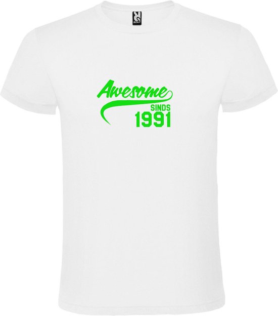 Wit T-Shirt met “Awesome sinds 1991 “ Afbeelding Neon Groen Size L