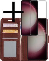Hoes Geschikt voor Samsung S23 Hoesje Book Case Hoes Flip Cover Wallet Bookcase Met Screenprotector - Bruin
