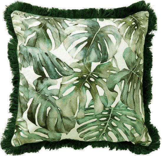 Dutch Decor FAUNA - Sierkussen velvet 45x45 cm - botanische print - franjes - Chive - groen - Inclusief binnenkussen