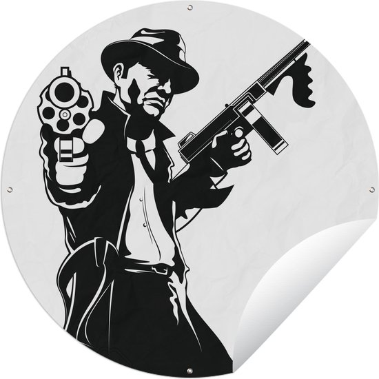 Tuincirkel tekening van een maffialid met twee wapens in zwart-wit - Ronde Tuinposter - Buiten