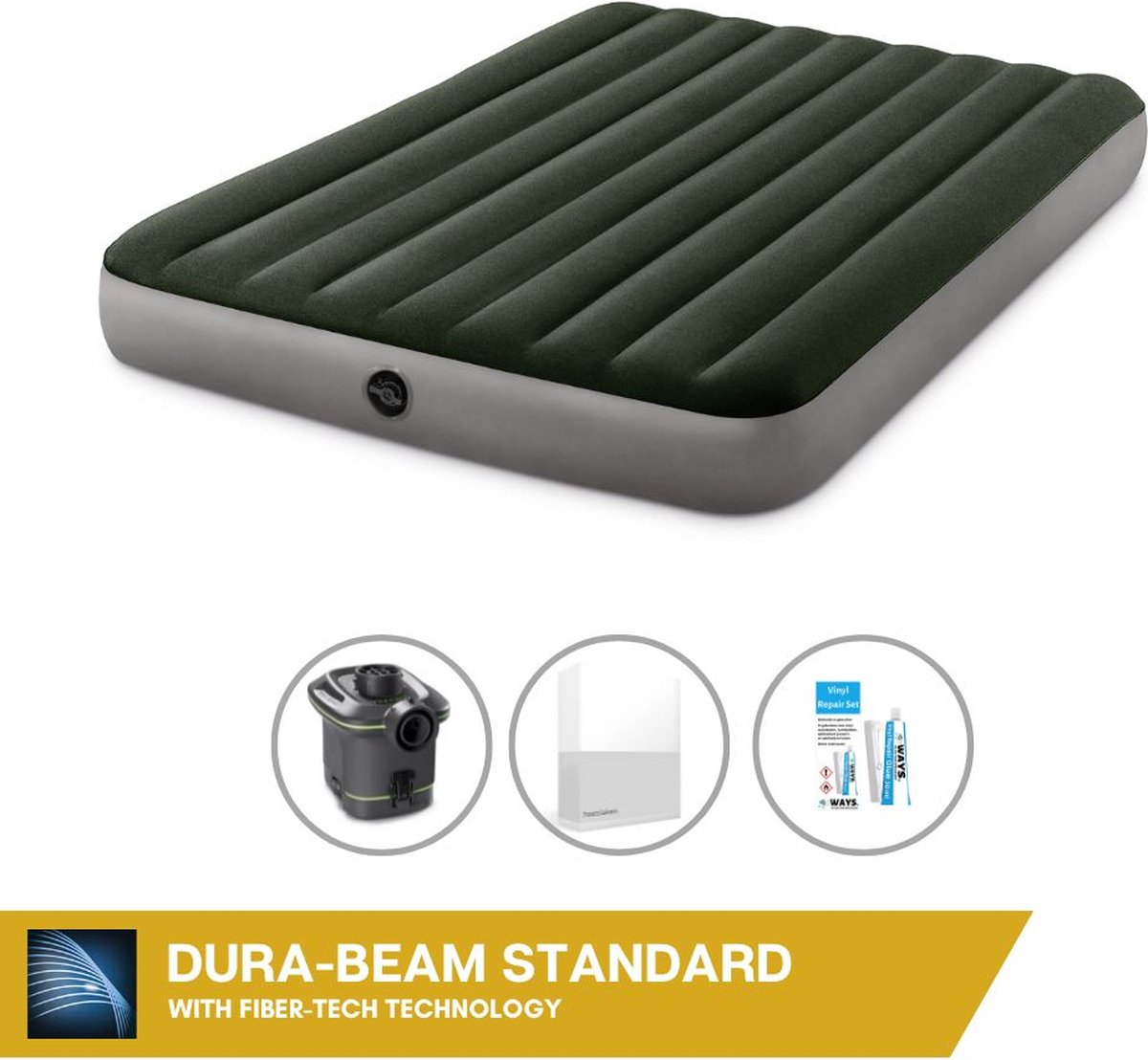 Intex Luchtbedset- 2-Persoons - 152 x 203 x 25 cm - Groen - Met pomp + Hoeslaken Wit + Reparatieset