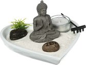 Atmosphera Hartvormig Mini Zen Tuin – Wit plateau met boeddha, zand, stenen, harkje en kaars