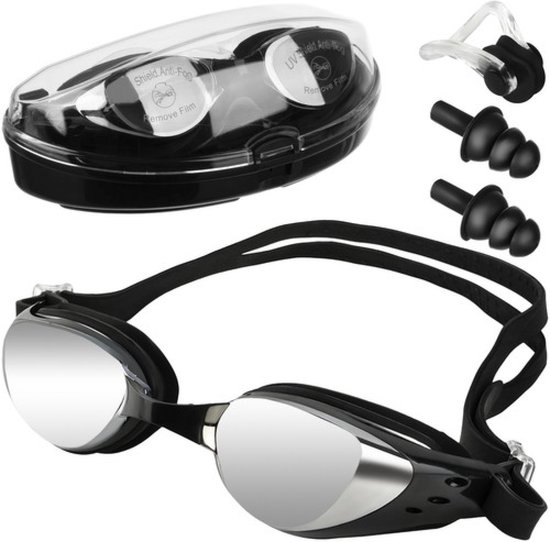 Zwembril - Zwembril Volwassenen - Zwembril Kinderen - Zwembril Kind - Duikbril - - lInclusief Hoes, Oortjes En Neusklem - Zwart
