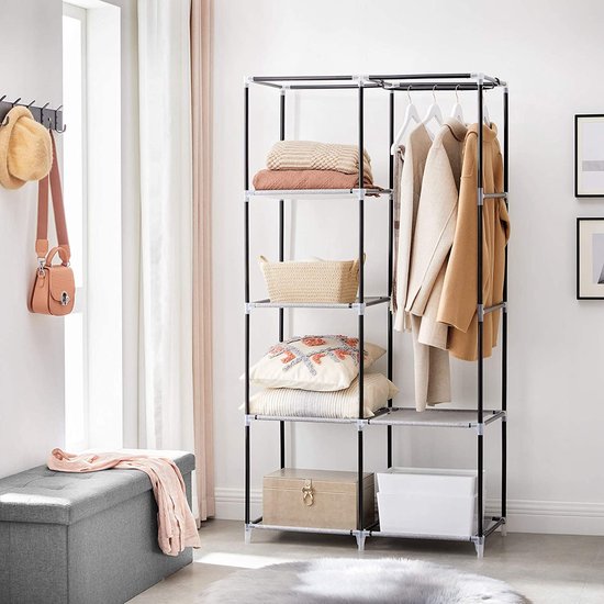 LOEFME Canvas kledingkast 172 x 130 x 45 cm, voor slaapkamer, nieuwe basisontwerp kasten met 2 hangende rails en 18 zijtassen, stoffen kast, goedkope opvouwbare kledingkast, grijs
