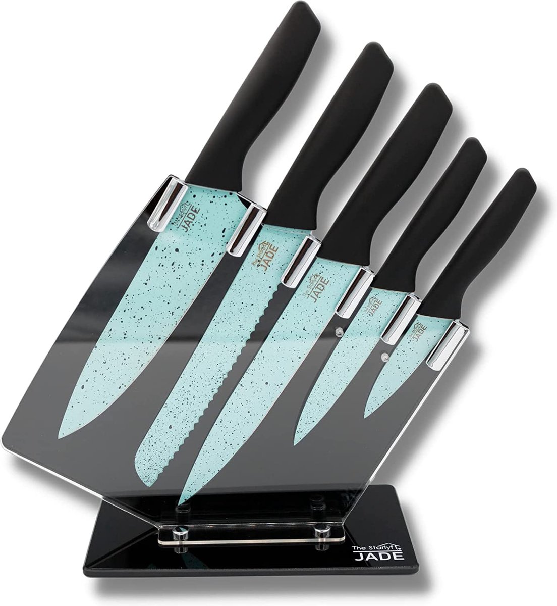 Keukenmessenset JADE Knife Series, 5 Stuks, 1 Acryl Messenhouder, Roestvrijstalen Keukenmes, Superscherp, Ergonomisch Ontwerp, Exclusief