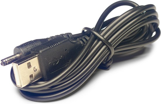 Zwarte USB-kabel met jackplug, opgerold.