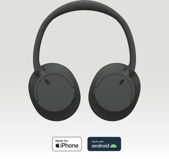 Zwarte Sony koptelefoon, frontaal. 'Made for iPhone' en 'Works with Android' logo's.