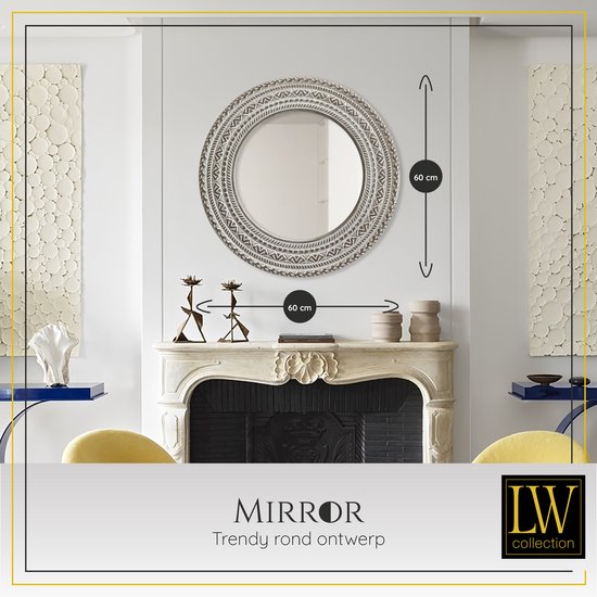 LW Collection miroir mural marron vintage rond 60x60 cm bois - grand miroir mural - industriel - salon couloir - miroir salle de bain