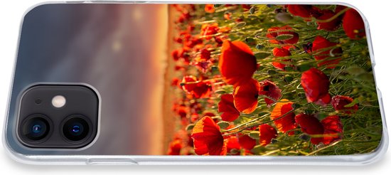 Coque iPhone 12 mini - Coucher de soleil sur un champ plein de coquelicots - Coque en Siliconen pour téléphone