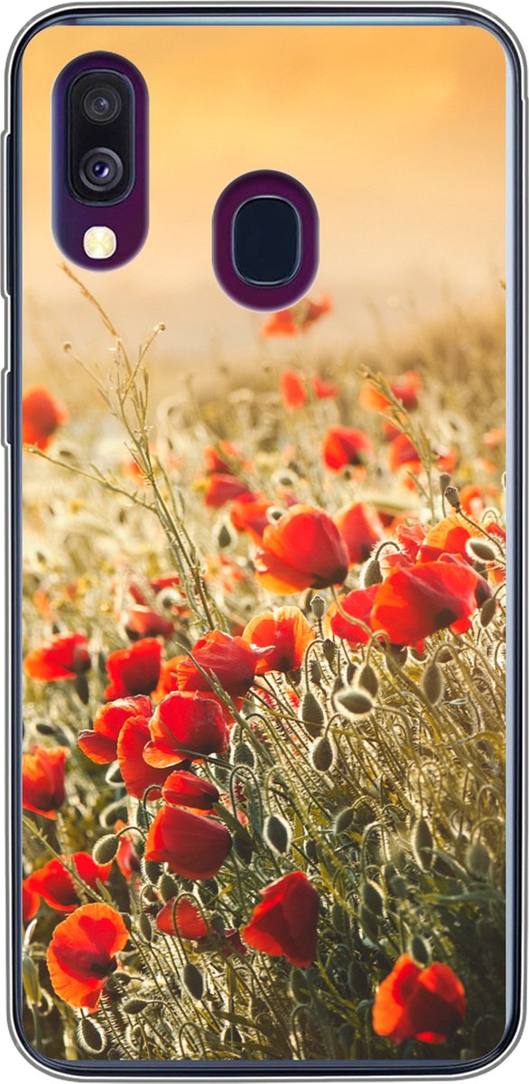 Telefoonhoesje Geschikt voor Samsung Galaxy A40 hoesje - Zonnestralen over een bos Klaprozen - Siliconen Telefoonhoesje Telefoonhoesje