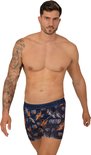 Donkerblauwe Muchachomalo boxershorts met paarse en oranje paisleyprint en pantermotief.