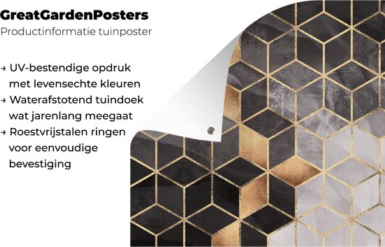 Tableau jardin Abstrait - Cube - Goud - Motifs - Zwart - Wit - 80x60 cm - Affiche jardin - Toile jardin - Affiche extérieur